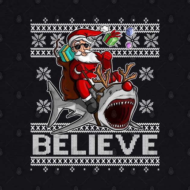 BELIEVE Santa Claus Rudolph the Rednose Shark CHRISTMAS UGLY SWEATER by Frontoni